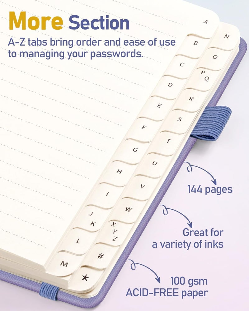 WEMATE Password Book with Alphabetical Tabs, Spiral Password Keeper Book for Seniors, Internet Password Notebook Password Journal Logbook Log in Detail, Small – 4.7''x 6'' (Purple) - Image 4